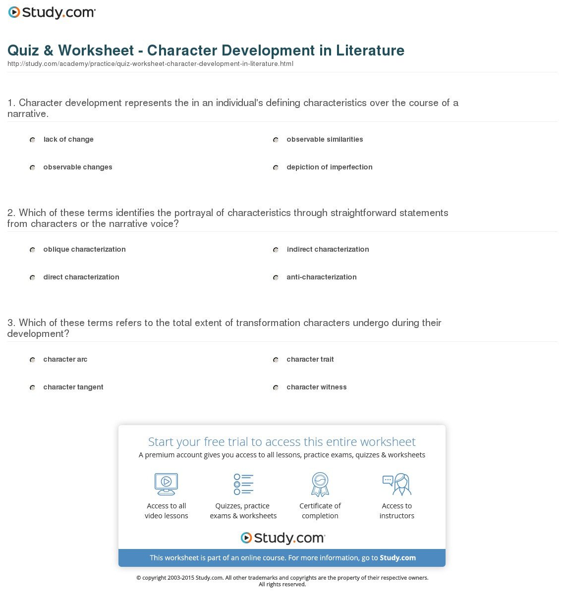 Quiz  Worksheet  Character Development In Literature