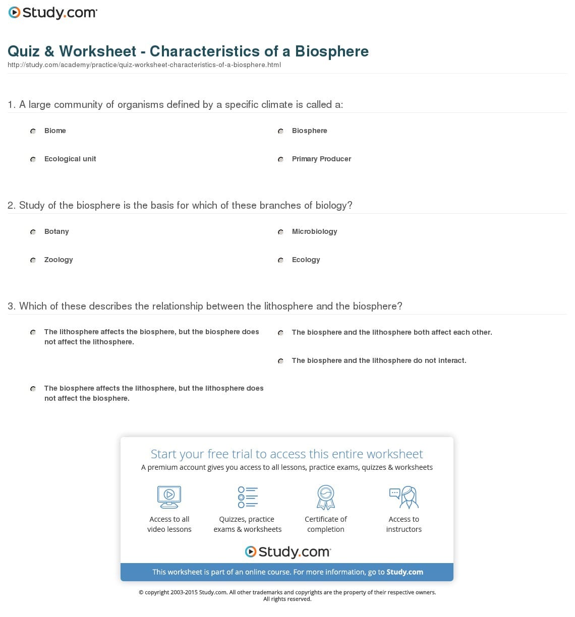 Quiz Worksheet Characteristics Of A Biosphere Study — db-excel.com