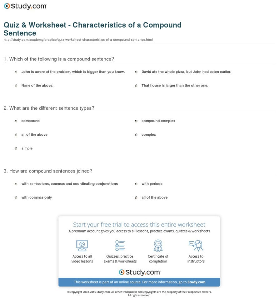 Quiz  Worksheet  Characteristics Of A Compound Sentence