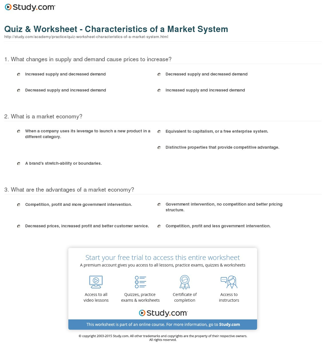 Quiz  Worksheet  Characteristics Of A Market System