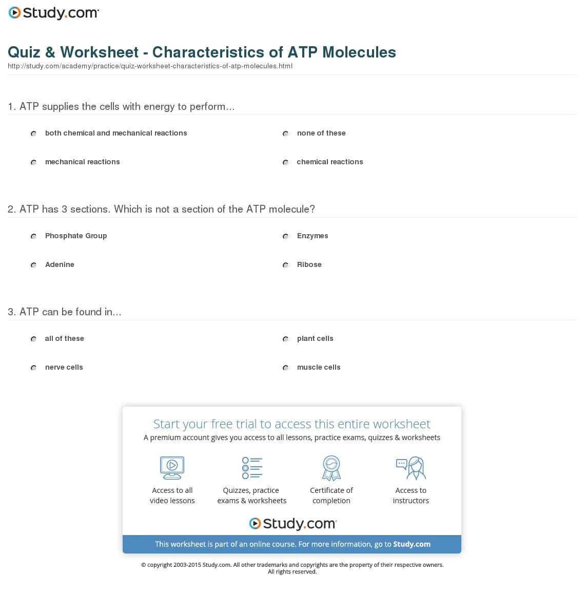 Quiz  Worksheet  Characteristics Of Atp Molecules  Study