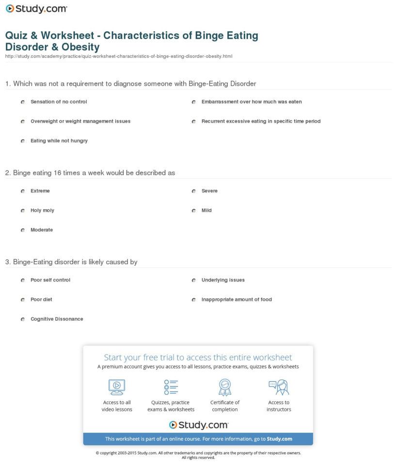 Quiz  Worksheet  Characteristics Of Binge Eating Disorder