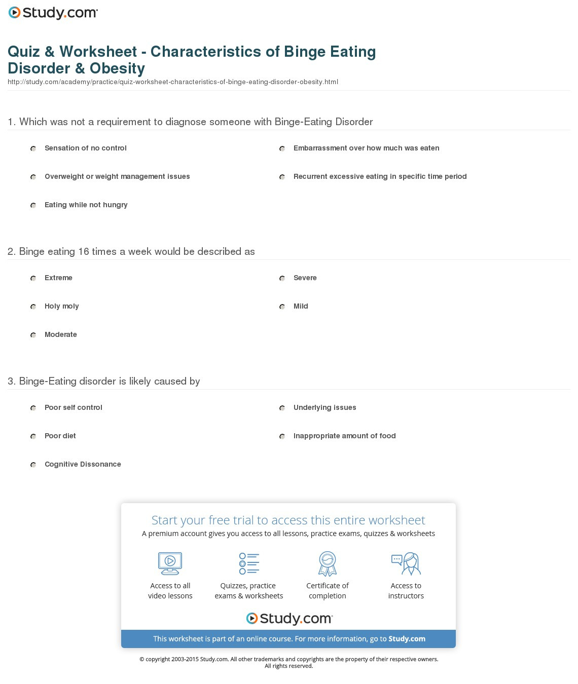 Quiz  Worksheet  Characteristics Of Binge Eating Disorder