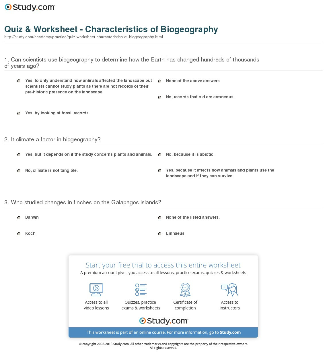 Quiz  Worksheet  Characteristics Of Biogeography  Study