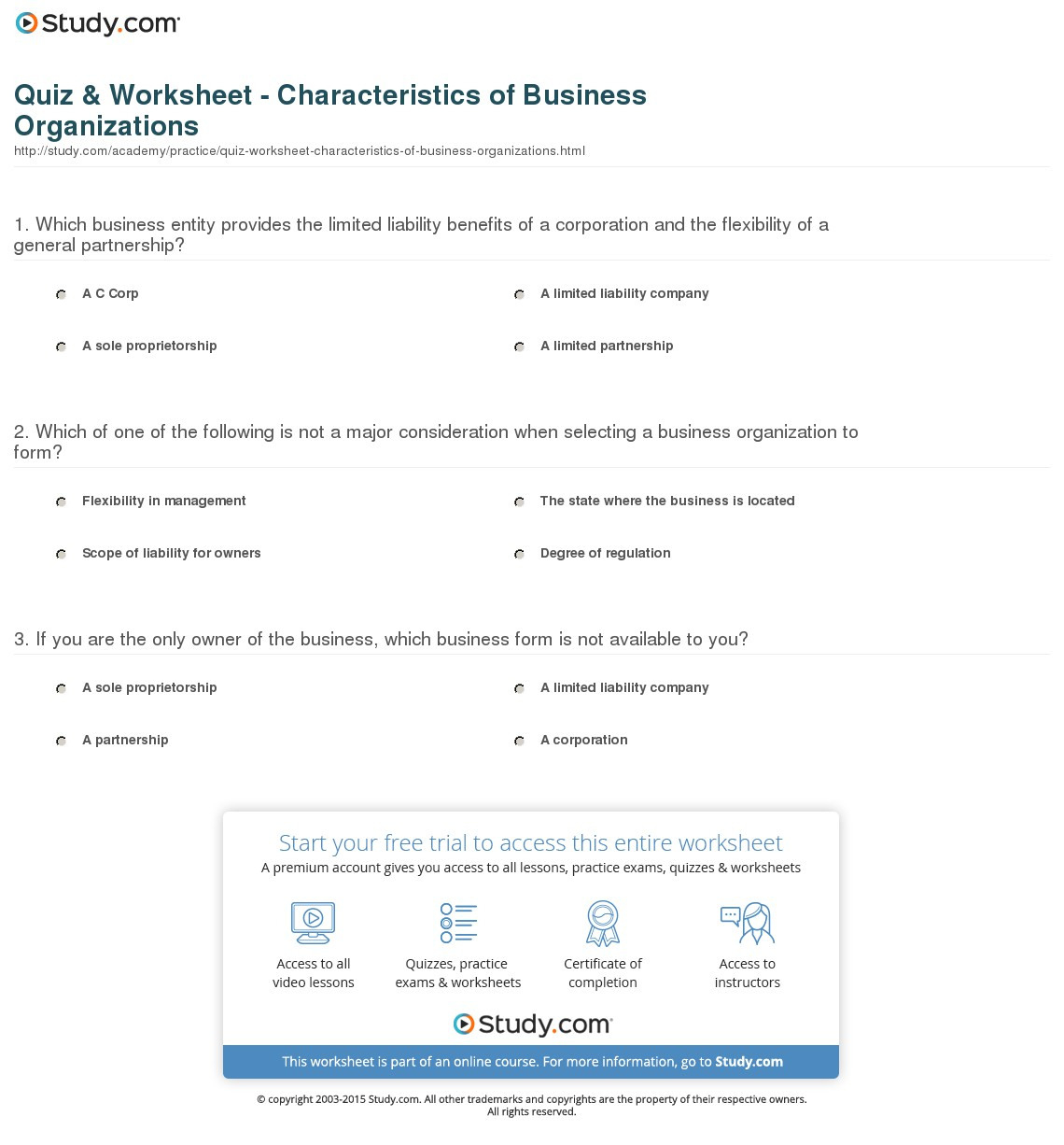 Quiz  Worksheet  Characteristics Of Business Organizations