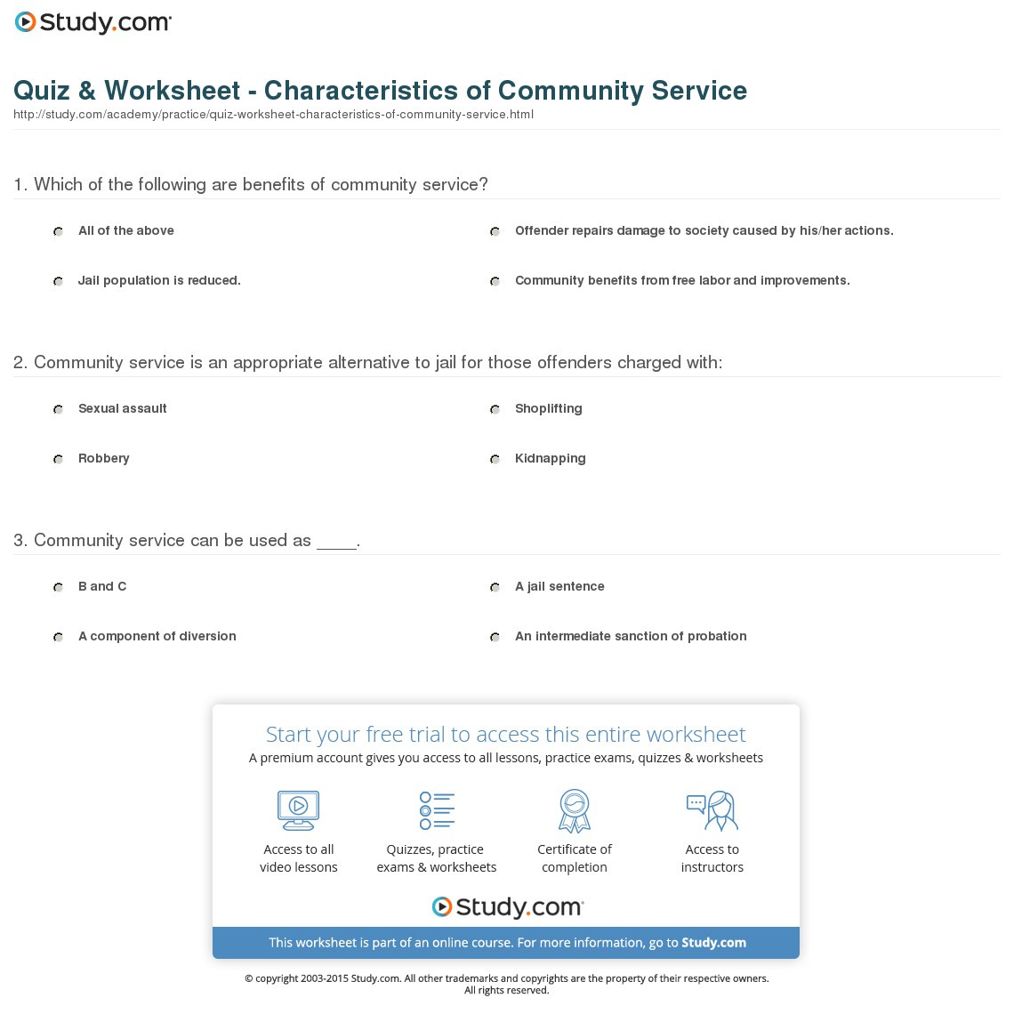 Quiz  Worksheet  Characteristics Of Community Service