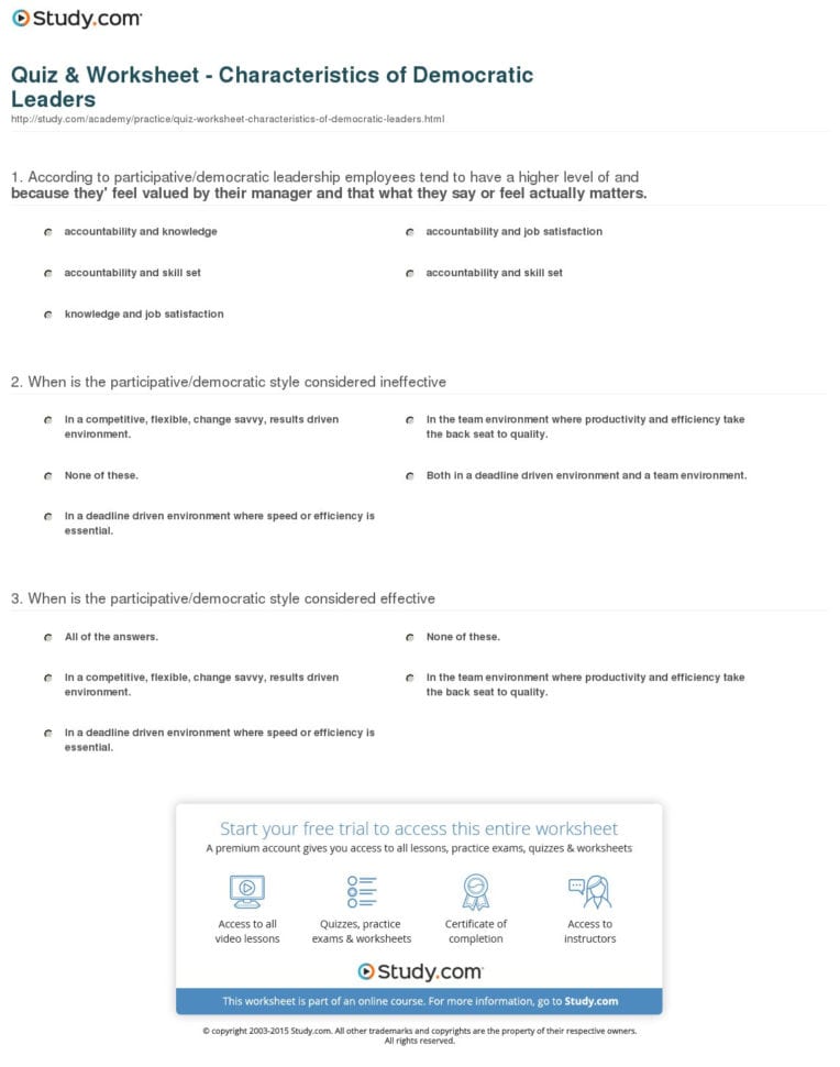 Quiz  Worksheet  Characteristics Of Democratic Leaders