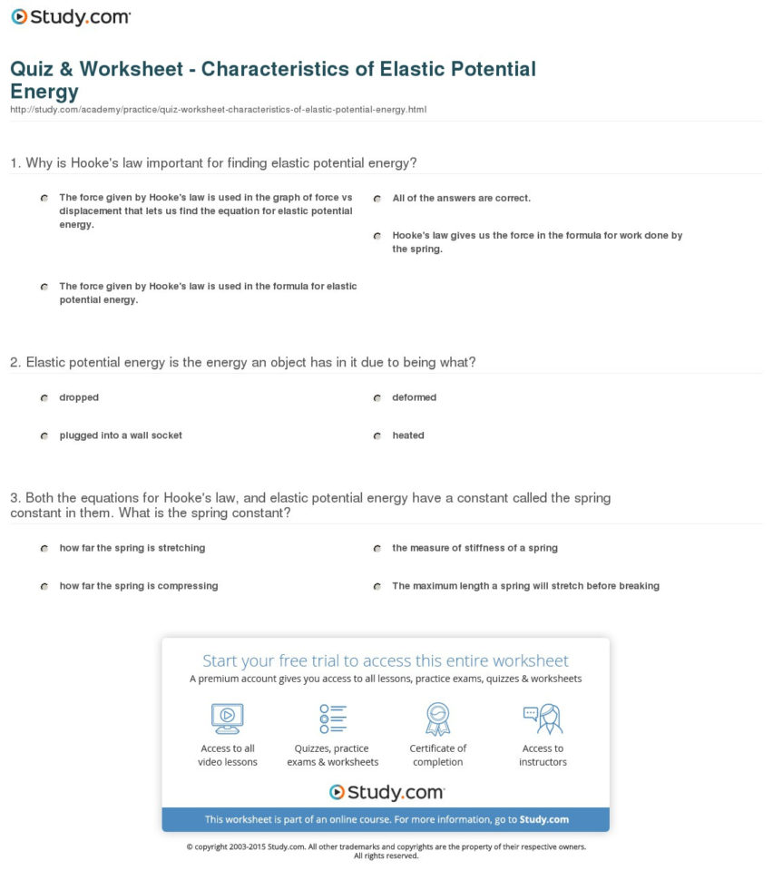 Quiz  Worksheet  Characteristics Of Elastic Potential