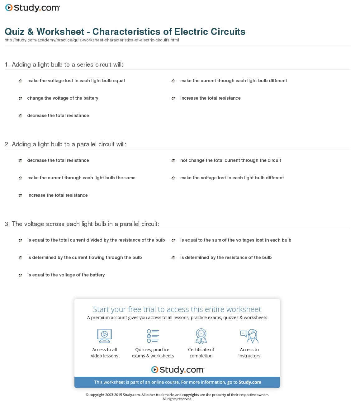Quiz  Worksheet  Characteristics Of Electric Circuits