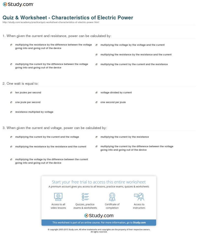 Quiz  Worksheet  Characteristics Of Electric Power  Study