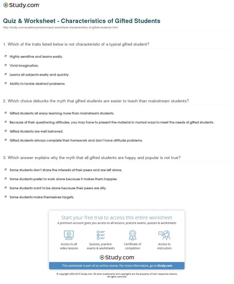Quiz  Worksheet  Characteristics Of Gifted Students