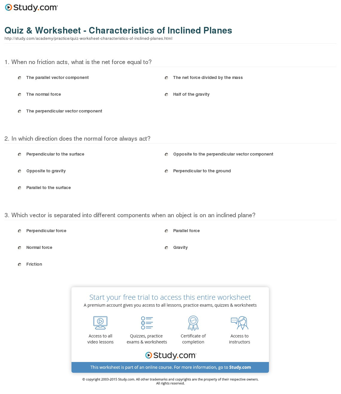 Quiz  Worksheet  Characteristics Of Inclined Planes  Study