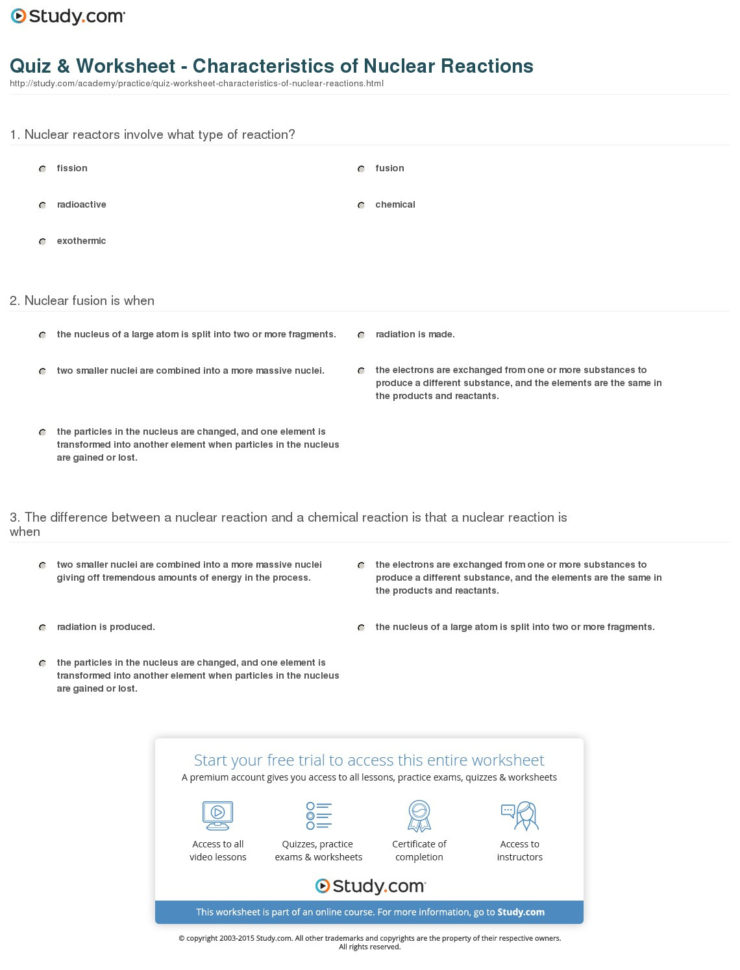 Quiz  Worksheet  Characteristics Of Nuclear Reactions