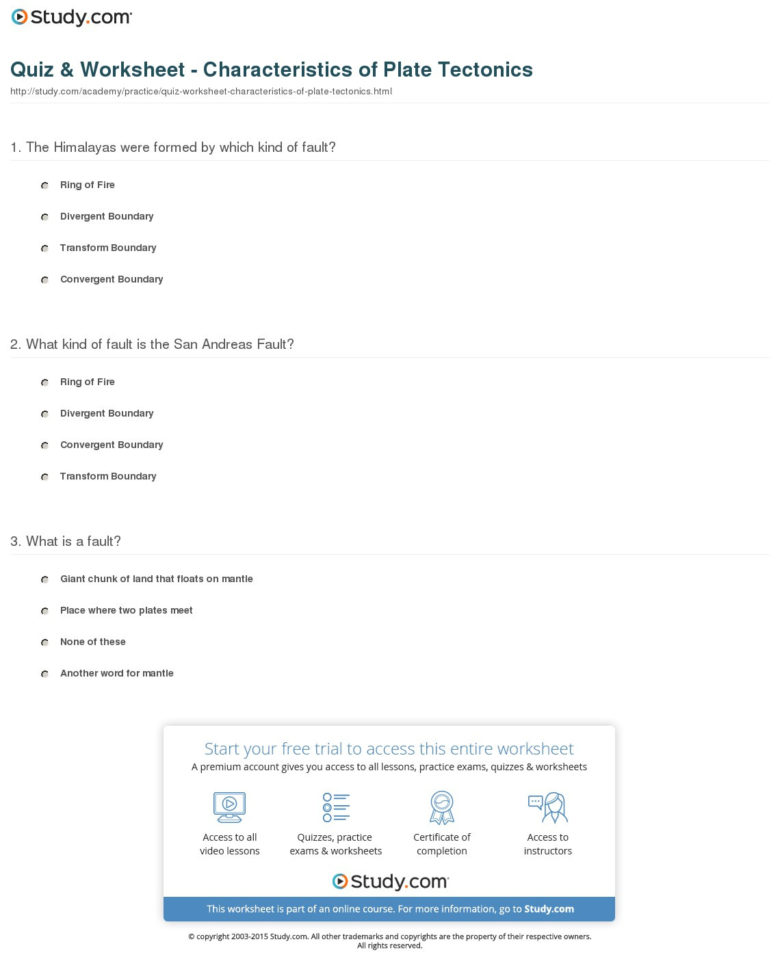 Quiz  Worksheet  Characteristics Of Plate Tectonics