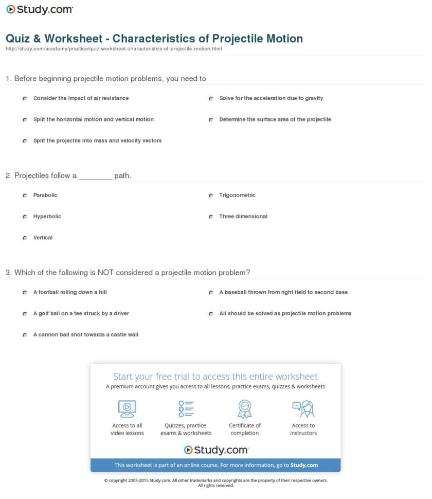 Quiz  Worksheet  Characteristics Of Projectile Motion