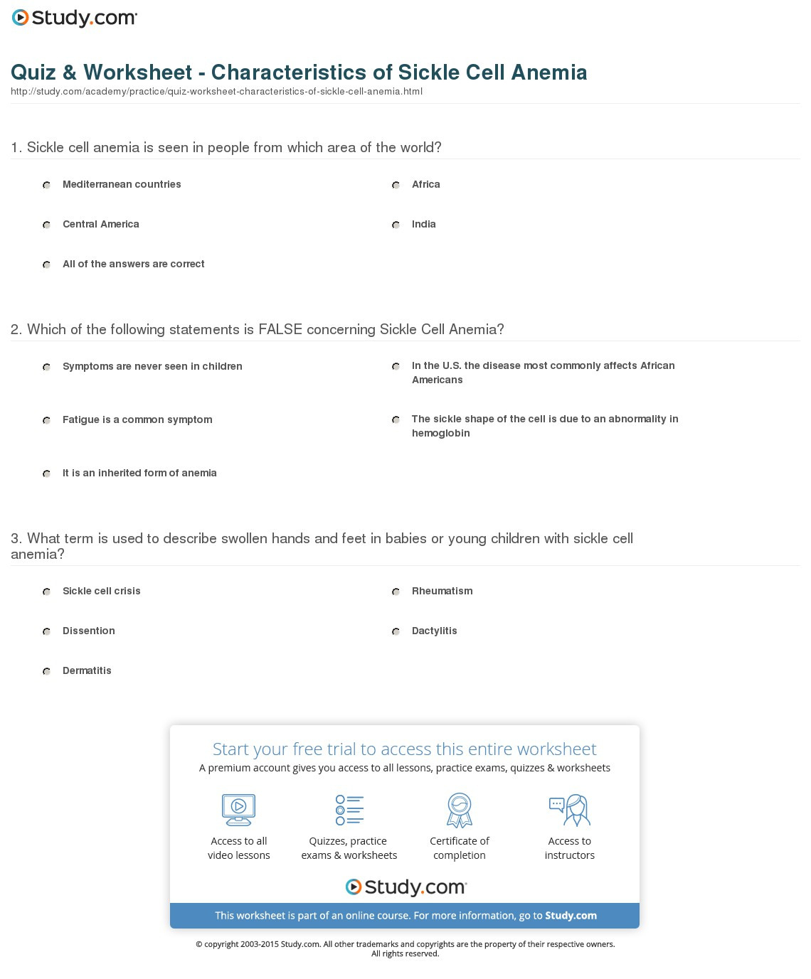 Quiz  Worksheet  Characteristics Of Sickle Cell Anemia