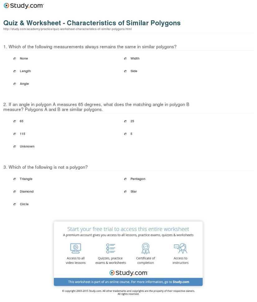 Quiz  Worksheet  Characteristics Of Similar Polygons