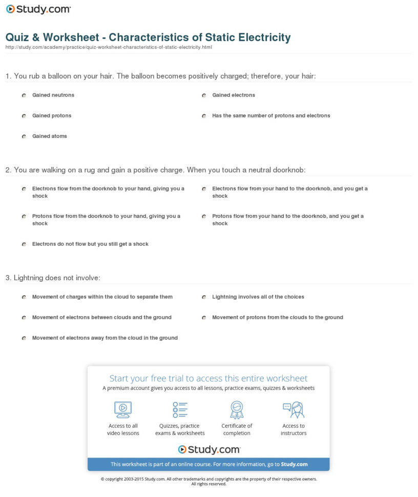 Quiz  Worksheet  Characteristics Of Static Electricity  Study
