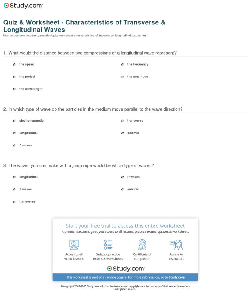 Quiz  Worksheet  Characteristics Of Transverse  Longitudinal