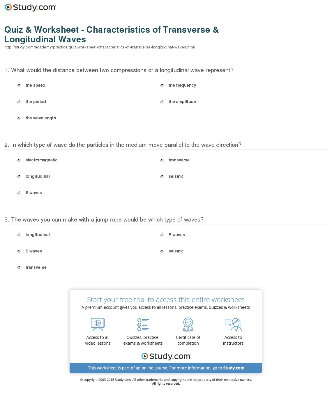 Quiz  Worksheet  Characteristics Of Transverse  Longitudinal