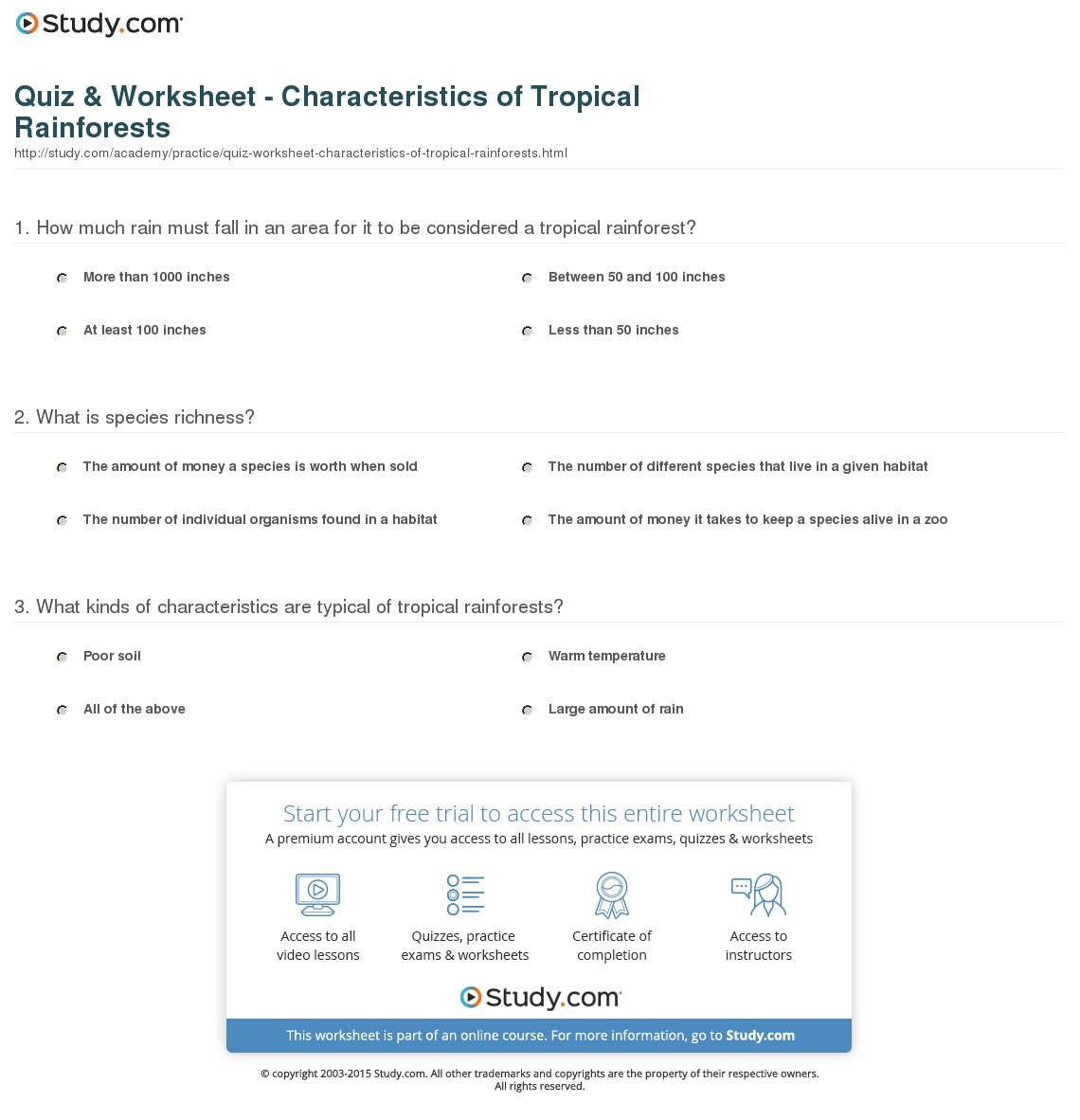 Quiz  Worksheet  Characteristics Of Tropical Rainforests