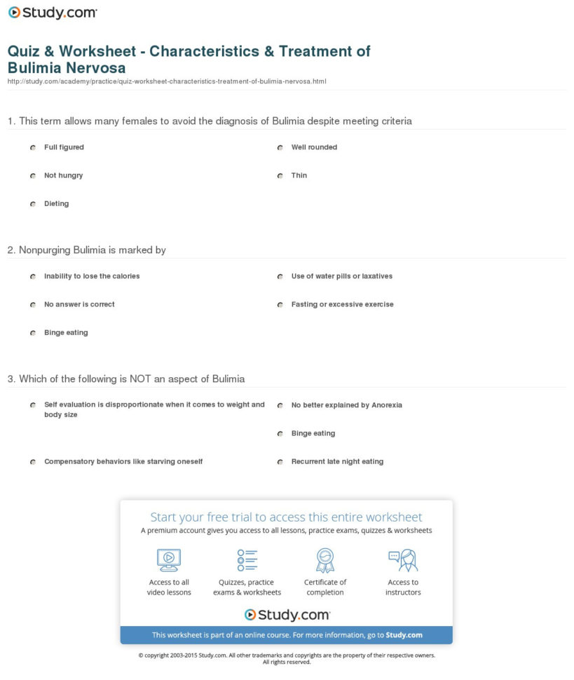 Quiz  Worksheet  Characteristics  Treatment Of Bulimia