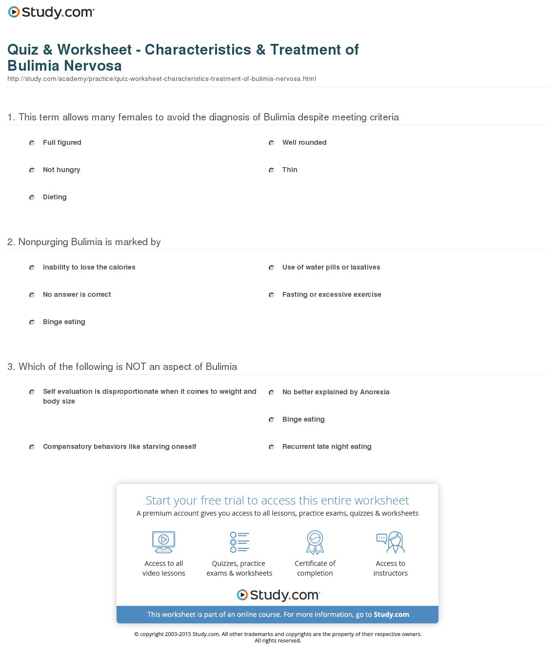 Quiz  Worksheet  Characteristics  Treatment Of Bulimia
