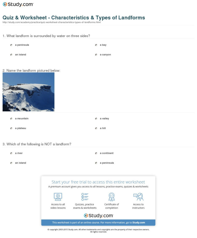 Quiz  Worksheet  Characteristics  Types Of Landforms  Study