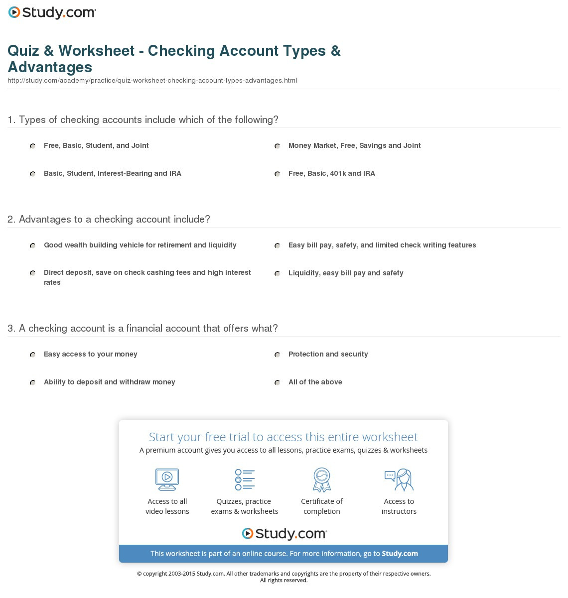 Quiz  Worksheet  Checking Account Types  Advantages
