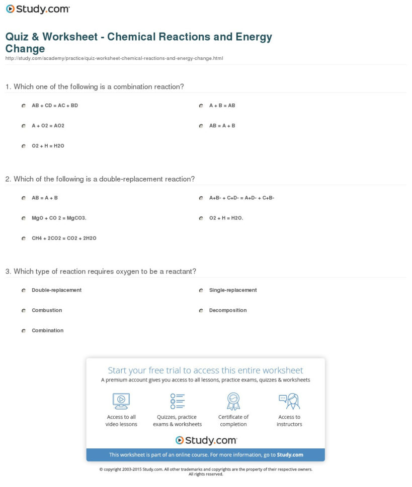 Quiz  Worksheet  Chemical Reactions And Energy Change