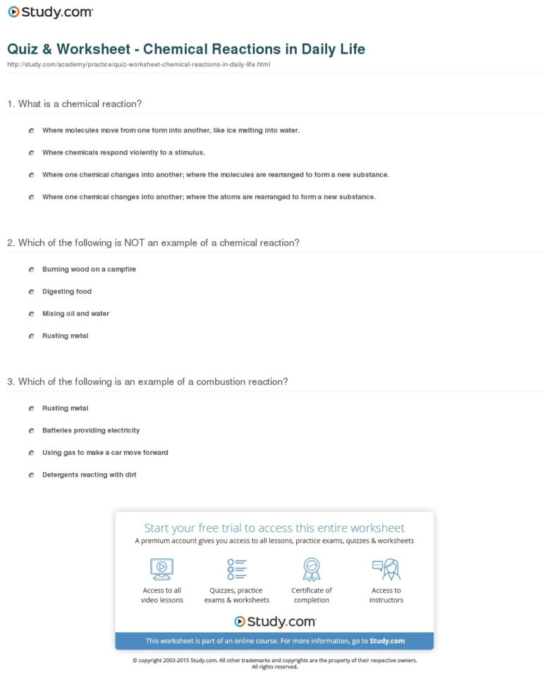 Quiz  Worksheet  Chemical Reactions In Daily Life  Study