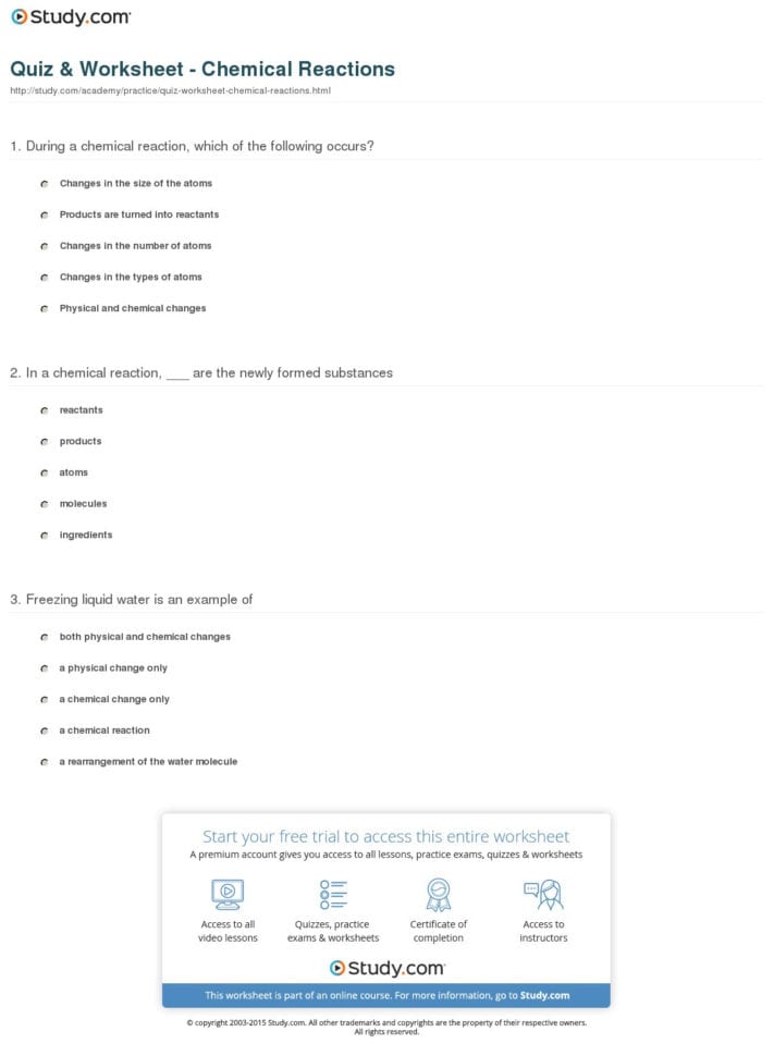 Quiz  Worksheet  Chemical Reactions  Study