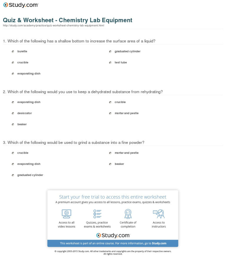 Quiz Worksheet Chemistry Lab Equipment Study —