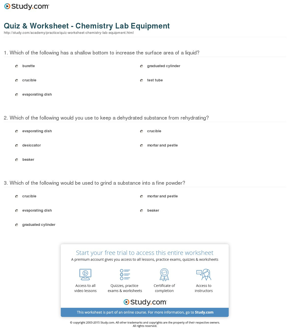 Chemistry Lab Equipment Worksheet