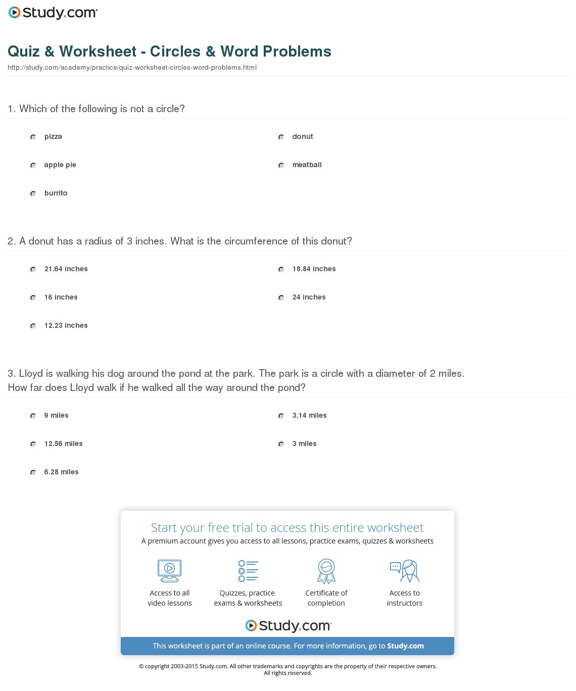 Quiz  Worksheet  Circles  Word Problems  Study