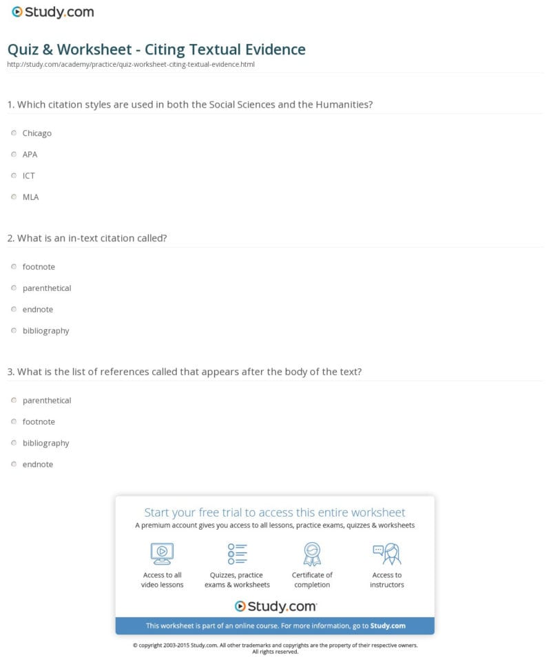 Quiz  Worksheet  Citing Textual Evidence  Study