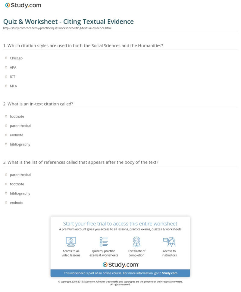Quiz  Worksheet  Citing Textual Evidence  Study
