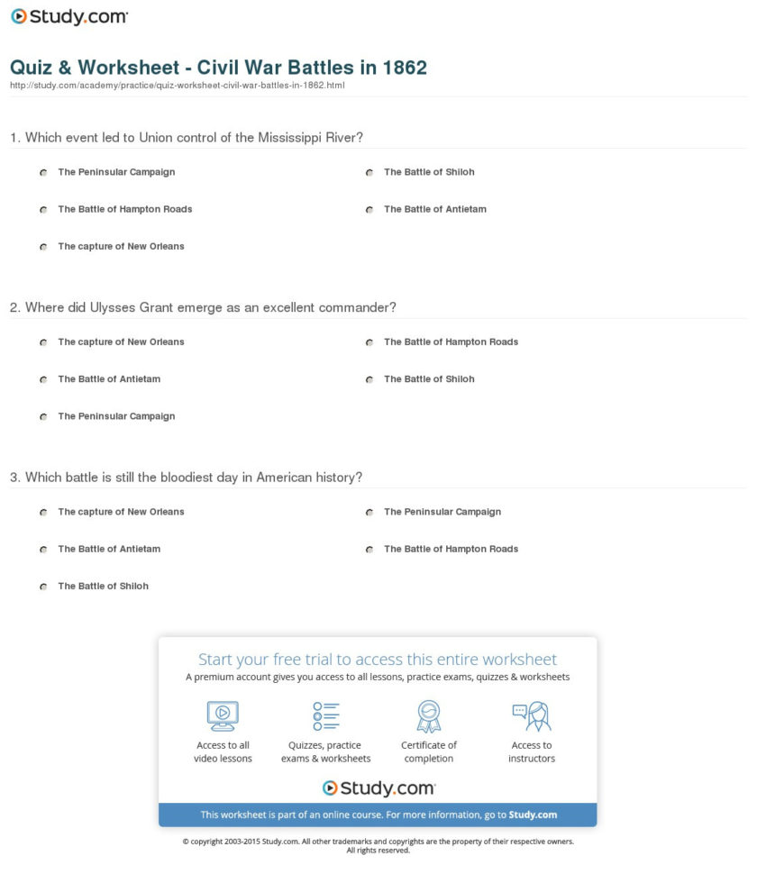 Quiz  Worksheet  Civil R Battles In 1862  Study