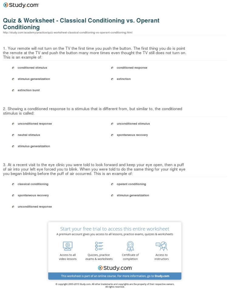 Quiz  Worksheet  Classical Conditioning Vs Operant