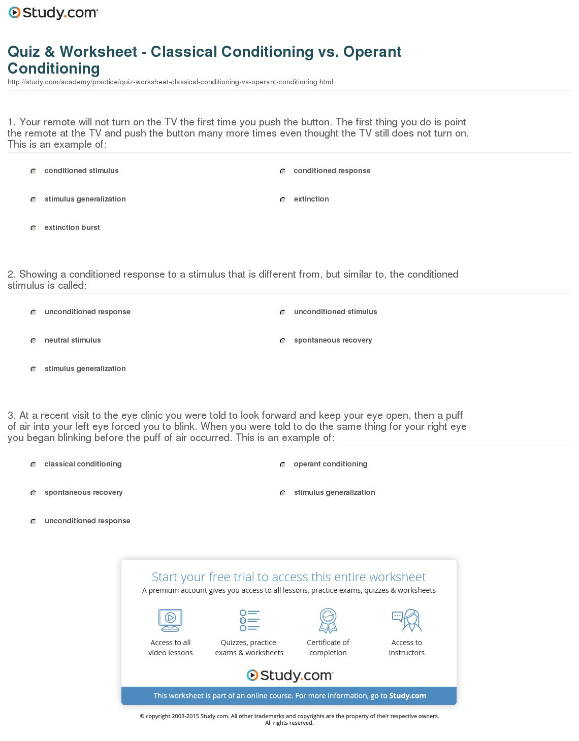 Quiz  Worksheet  Classical Conditioning Vs Operant