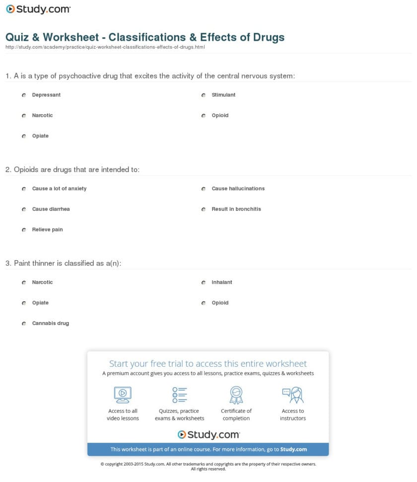 Quiz  Worksheet  Classifications  Effects Of Drugs