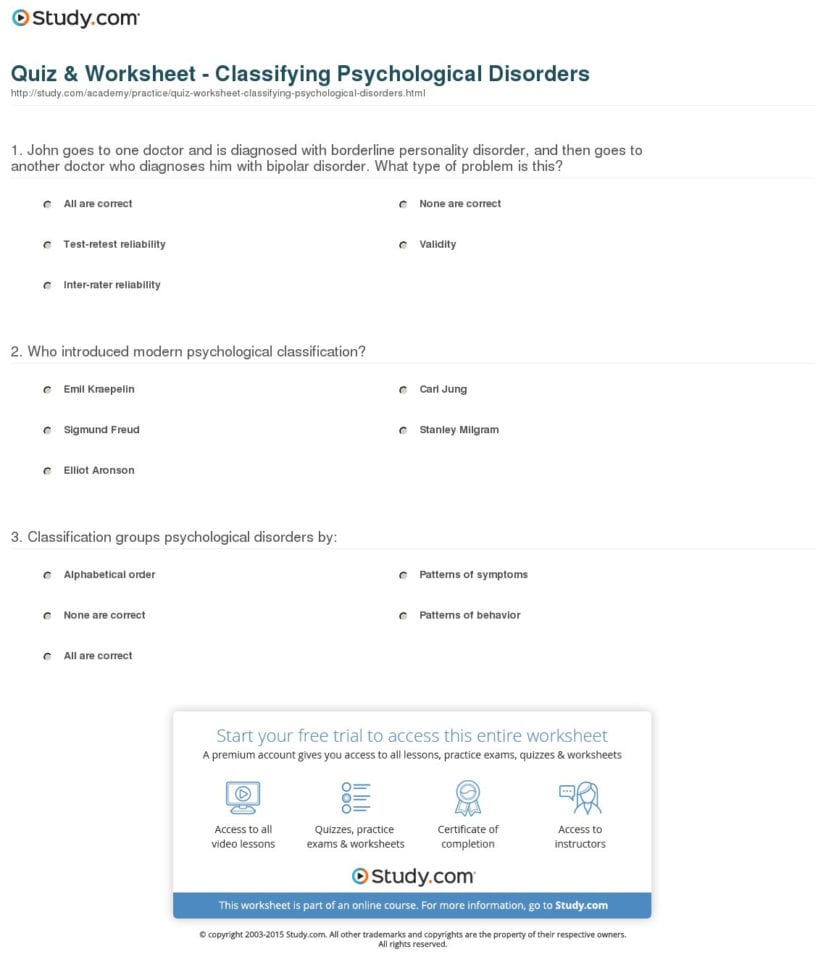 Quiz  Worksheet  Classifying Psychological Disorders