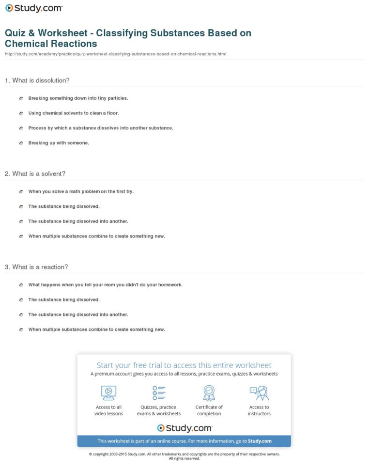 Quiz  Worksheet  Classifying Substances Based On Chemical