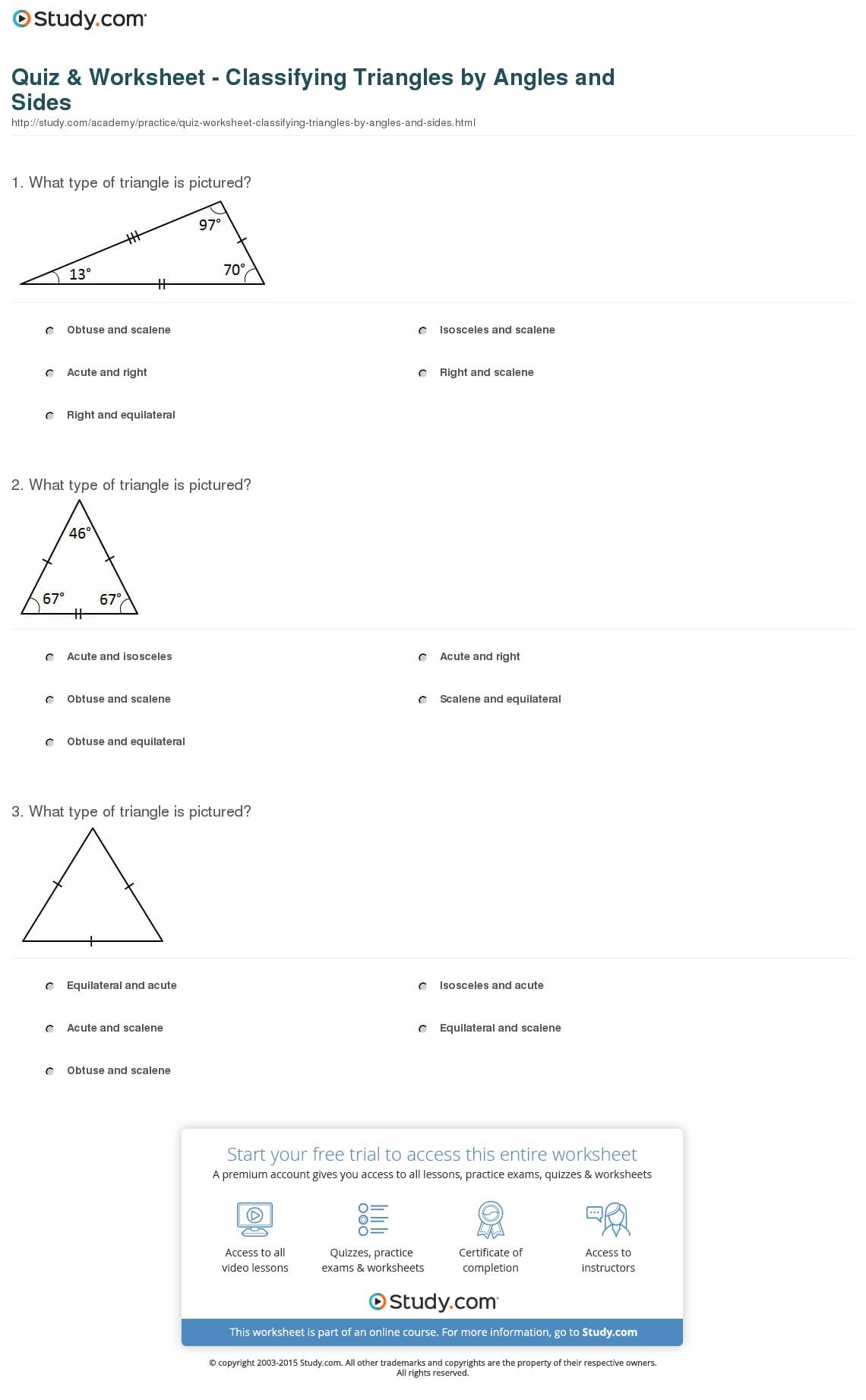 Quiz  Worksheet  Classifying Trianglesangles And Sides