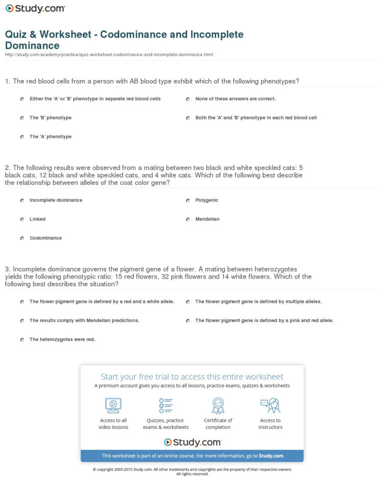 Quiz  Worksheet  Codominance And Incomplete Dominance