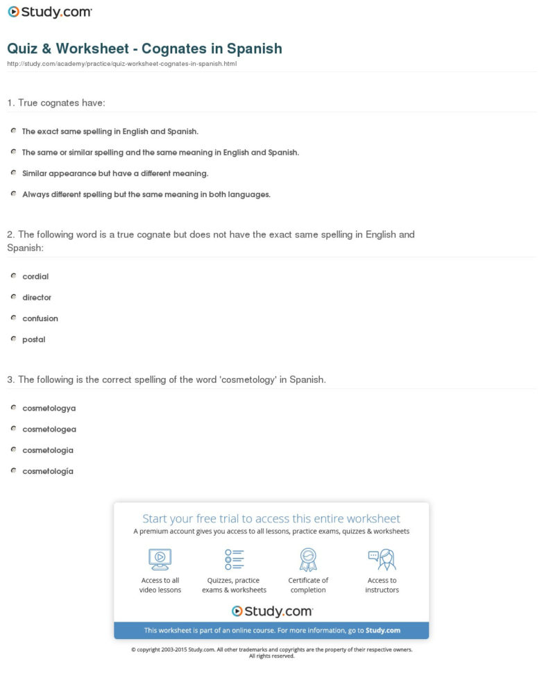 Quiz  Worksheet  Cognates In Spanish  Study