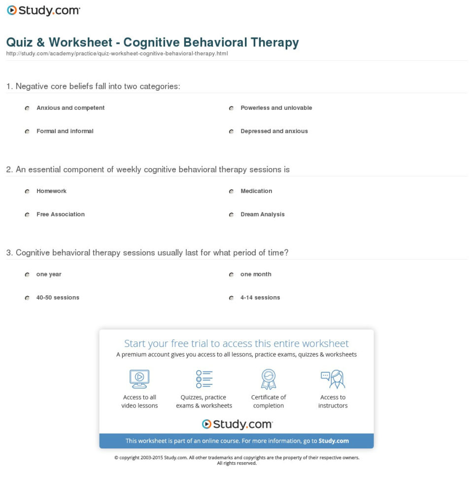 Quiz  Worksheet  Cognitive Behavioral Therapy  Study