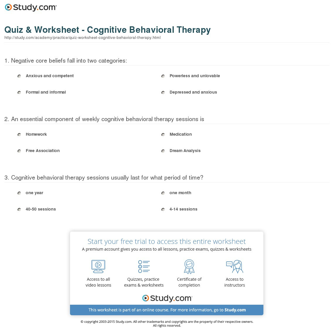 Quiz  Worksheet  Cognitive Behavioral Therapy  Study