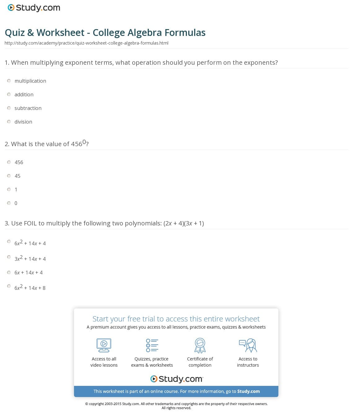 Quiz  Worksheet  College Algebra Formulas  Study