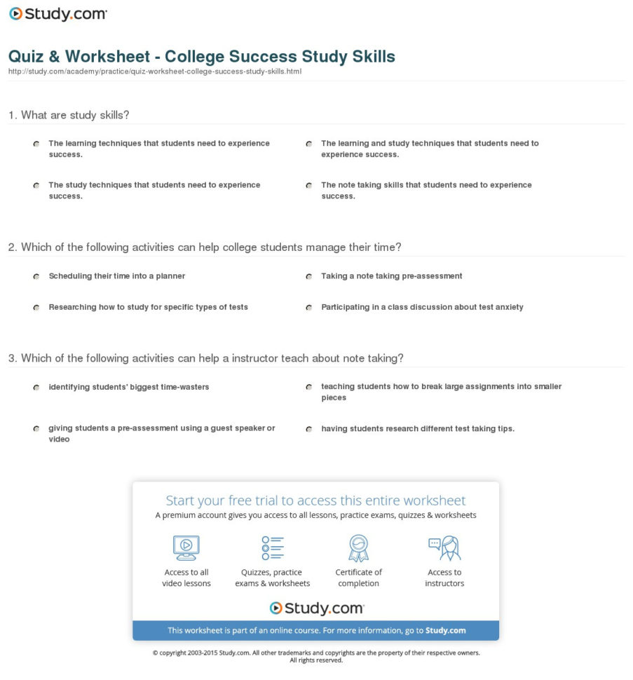 Quiz  Worksheet  College Success Study Skills  Study